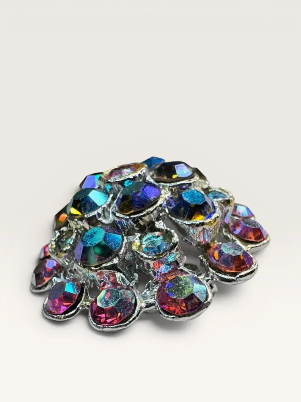 1960s Aurora Borealis Rhinestone Cluster Brooch Round Silver Tone Vintage